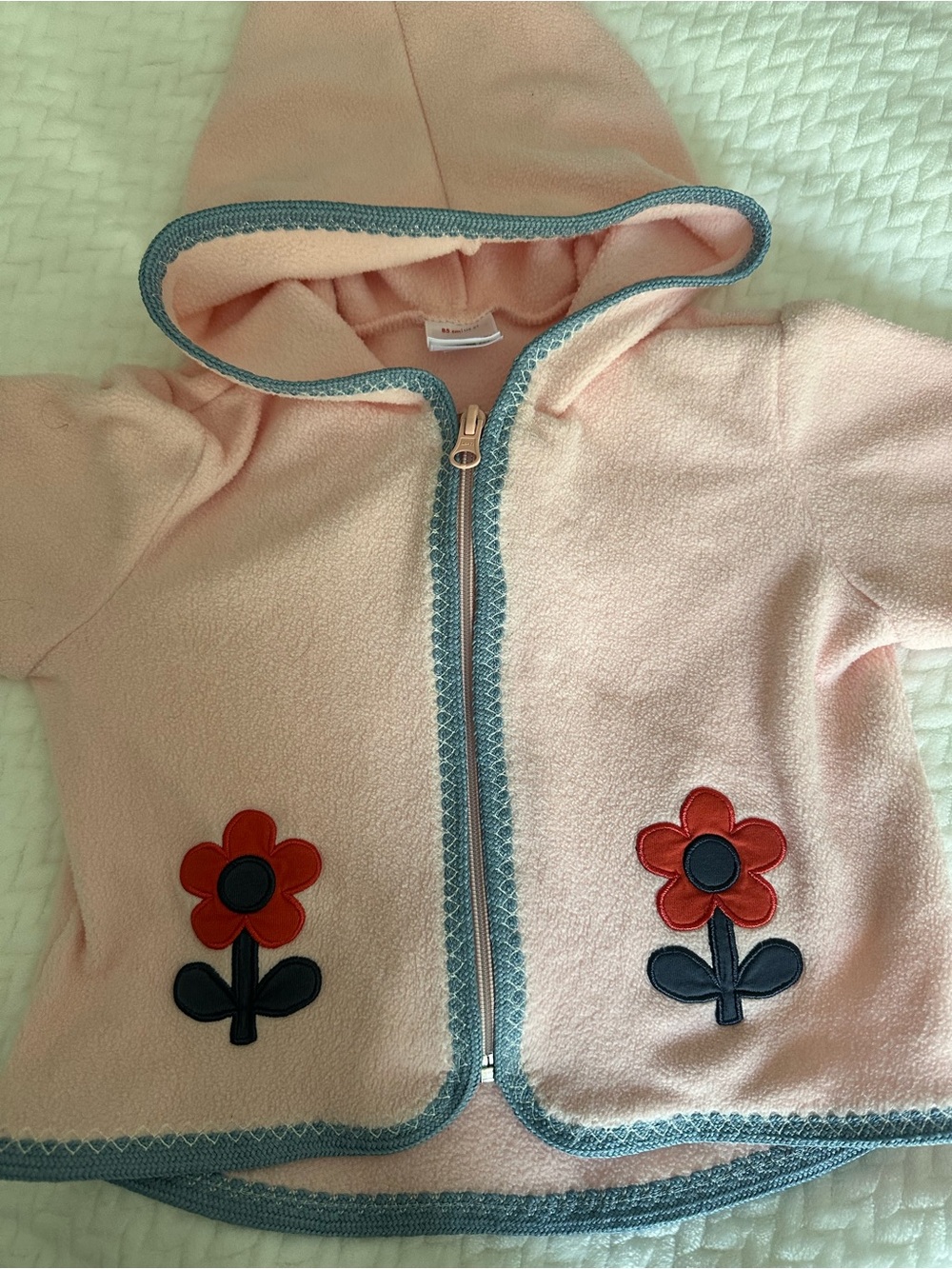 Pink Hooded Fleece Jacket with Red Flower Appliqués. 2T. Hanna Anderson